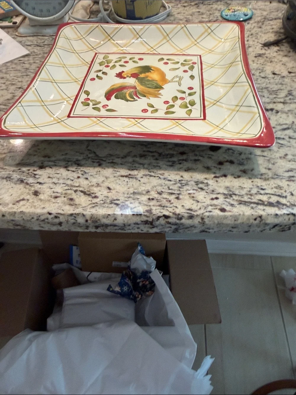 Royal Daulton 13” Rooster Square Serving Platter in Red, Yellow, Green